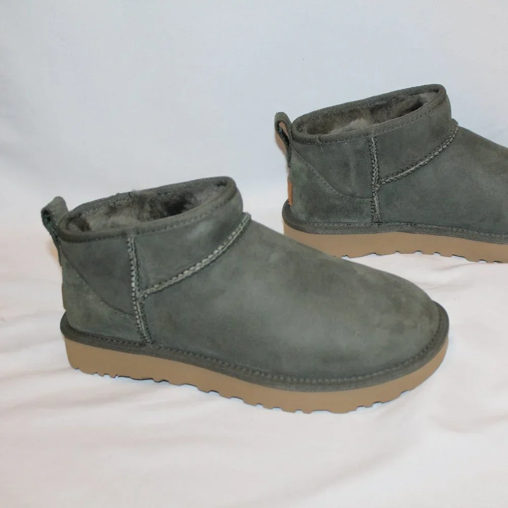 NEW UGG WOMEN'S ULTRA MINI SUEDE SHEARLING LINED ANKLE BOOTS FOREST GREEN 6